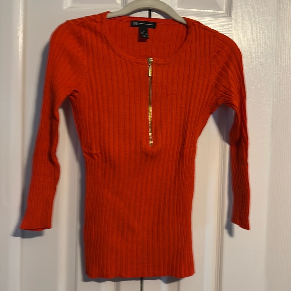 INC International concepts orange ribbed Sweater with gold zipper size small